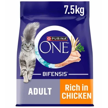 Purina ONE Bifensis cat food bag, 7.5kg, featuring a gray cat and text stating "Adult" and "Rich in Chicken."