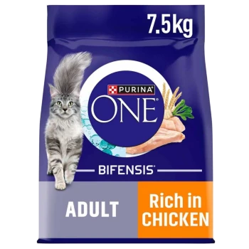 Purina ONE Bifensis cat food bag, 7.5kg, featuring a gray cat and text stating "Adult" and "Rich in Chicken."