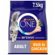 Purina ONE Bifensis cat food bag, 7.5kg, featuring a gray cat and text stating "Adult" and "Rich in Chicken."