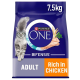 Purina ONE Bifensis cat food bag, 7.5kg, featuring a gray cat and text stating "Adult" and "Rich in Chicken."