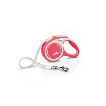 New Comfort Leash red XS, 3 m, 12 kg A pink retractable dog leash with a white handle and a silver clip, displayed on a white background.