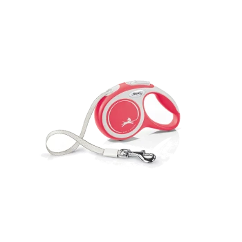 A pink retractable dog leash with a white handle and a silver clip, displayed on a white background.