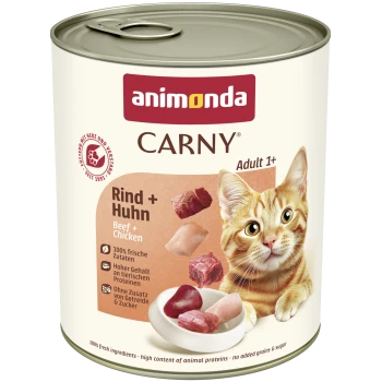 Blik Animonda CARNY kattenvoer, 'Rind + Huhn / Beef + Chicken', Adult 1+, met afbeelding van een roodharige kat en stukjes vlees