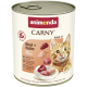 Boîte de nourriture pour chat Animonda CARNY, « Rind + Huhn / Beef + Chicken » (bœuf + poulet), Adulte 1+, image d'un chat roux et morceaux de viande.