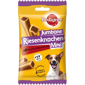 Verpackung von Pedigree Jumbone Mini Hundeleckerlis mit zwei knochenförmigen Snacks, beschriftet mit "Rind und Geflügel Geschmack" und "<5% FETT".