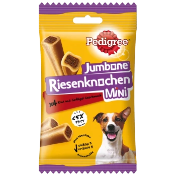 Emballage de friandises pour chiens Pedigree Jumbone Mini présentant deux collations en forme d'os, étiquetées avec "Rind und Geflügel Geschmack" et "<5% FETT".