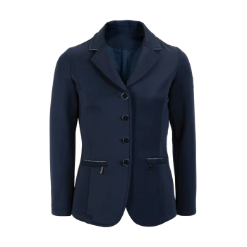 Marineblaue Damenblazer mit Reverskragen, fünf Knöpfen und zwei Reißverschlusstaschen.