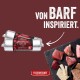Zwei silberne Steakhouse Büffel Pur Rollen, die auf rohes Fleisch auf Schiefer zeigen; Text 'VON BARF INSPIRIERT.' und FLEISCHESLUST-Logo.