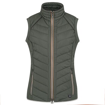 Ärmellose olivgrüne Steppweste mit hohem Kragen und Reißverschluss, ausgestattet mit zwei Seitentaschen und einem stilvollen Design.