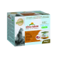 Opakowanie karmy dla kotów Almo Nature HFC Light Meal, z zdjęciem kota, z tekstem wskazującym "4 lekkie posiłki" i smakami: kurczak i tuńczyk.