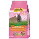 Sac rose MultiFit 800 g d'alimentation à la carotte pour lapins nains, étiqueté « Mit Karotte für Zwergkaninchen », avec images de lapins.