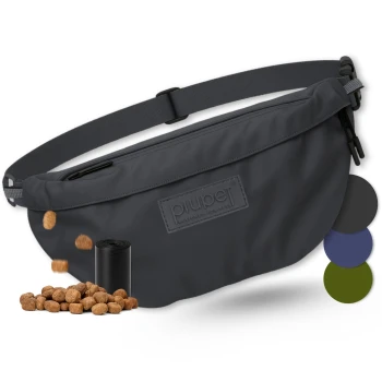 Leckerlibeutel schwarz Schwarze Hundeleckerlitasche mit einem Reißverschluss oben und einem verstellbaren Riemen, mit dem Markenlogo "pruper".