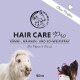 Flasche mit "Hair Care Pro" Haustierspray für Pferde und Hunde, mit einem weißen Pony und einem kleinen Hund, mit Text in deutscher Sprache.