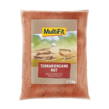 Ein 5 kg Sack roter Terrariumsand von MultiFit, mit Bildern von Reptilien auf der Vorderseite und dem Text 'TERRARIENSAND ROT.'
