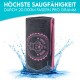 Schwarzes Haustierhandtuch mit pinkem Logo, umgeben von Wasserspritzern, mit dem Text 'Höchste Saugfähigkeit durch 20.000m Fasern pro Gramm.'