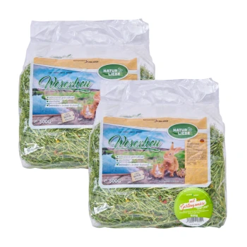 Deux paquets de foin "Weserheu" pour petits animaux, chacun pesant 500g, avec un lapin sur l'étiquette et un texte mettant en avant sa qualité.