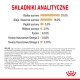 Lista składników karmy dla zwierząt w Polsce: białko 29%, tłuszcze 18%, popiół 5%, błonnik 2.9%, fosfor 0.53%, Omega 3 0.68%, Omega 6 3.39%.