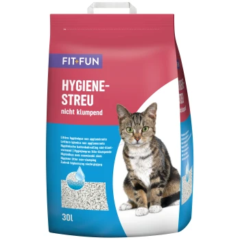 Eine Tüte FIT+FUN klumpfreies Katzenstreu mit einer getigerten Katze auf der Vorderseite, mit Text in mehreren Sprachen, der das Produkt beschreibt.