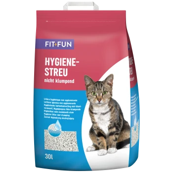 Eine Tüte FIT+FUN klumpfreies Katzenstreu mit einer getigerten Katze auf der Vorderseite, mit Text in mehreren Sprachen, der das Produkt beschreibt.