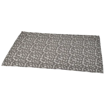 Couverture pour animaux grise avec un motif d'empreintes de pattes blanches et d'os, idéale pour les chiens ou les chats.
