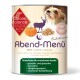 Dosen-Hundefutter mit dem Etikett "Abend-Menü", das Wild, Kürbis und Quinoa enthält, mit einem Hundebild und dem Anspruch, getreidefrei und laktosefrei zu sein.