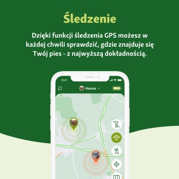 Smartfon wyświetlający aplikację GPS do śledzenia zwierząt, pokazujący lokalizacje dwóch psów na mapie z tytułem "Śledzenie" powyżej.