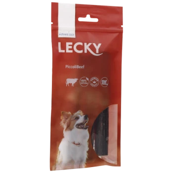 Eine rote Verpackung für Lecky Piccoli Rindfleisch-Hundeleckerlis mit einem lächelnden Hund auf der Vorderseite, beschriftet mit "100% Natürlich" und "Premium Qualität."