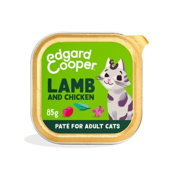 Edgard Cooper lamb and chicken 85g pate for adult cats tray, green label with cartoon cat and gold rim