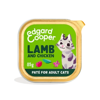 Edgard Cooper lamb and chicken 85g pate for adult cats tray, green label with cartoon cat and gold rim