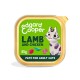 Edgard Cooper lamb and chicken 85g pate for adult cats tray, green label with cartoon cat and gold rim