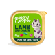 Edgard Cooper lamb and chicken 85g pate for adult cats tray, green label with cartoon cat and gold rim
