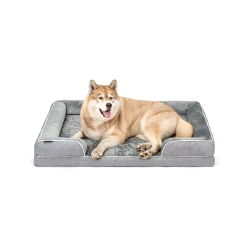 Ein glücklicher, flauschiger Hund liegt auf einem grauen rechteckigen Haustierbett mit erhöhten Rändern und zeigt ein weiches, plüschiges Innenleben.