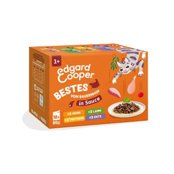 Oranger Edgard Cooper Katzenfutterkarton mit Aufschrift 'Bestes vom Bauernhof in Sauce, 12x85 g', Cartoon-Katze und Schale mit Nassfutter