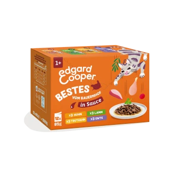 Oranger Edgard Cooper Katzenfutterkarton mit Aufschrift 'Bestes vom Bauernhof in Sauce, 12x85 g', Cartoon-Katze und Schale mit Nassfutter
