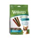 Whimzees Daily Dental Treats Verpackung mit bunten Sticks, die behauptet, Plaque und Zahnstein zu reduzieren, den Atem zu erfrischen und glutenfrei zu sein.