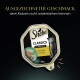 Sheba Classics Geflügel Cocktail pâté Katzenfutter, 85g, mit einer grauen Katze und dem Text "Ausgezeichneter Geschmack dem Katzen nicht widerstehen können."
