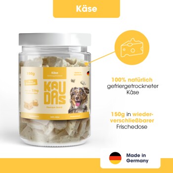 Hand hält Käse mit Text: "100% Käse," "0g," "Kein Zucker oder Zusatzstoffe," "Ideal für Training & Belohnungen."