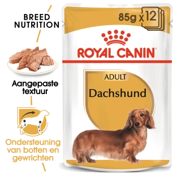 Royal Canin Adult Dachshund hondenvoer verpakking, met een gouden label, voedingsclaims en een visueel van de voedseltextuur.