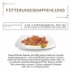Bild von Katzenfutter mit einem Serviervorschlag von Fleisch und Gemüse. Text empfiehlt "3 bis 4 Portionsbeutel pro Tag" und Servierdetails.
