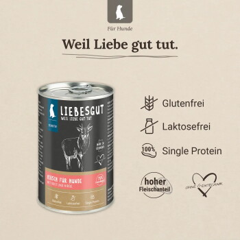 Liebesgut Hundefutterdose 'Hirsch für Hunde', Hirsch-Illustration, Slogan 'Weil Liebe gut tut.', Labels: Glutenfrei, Single-Protein.