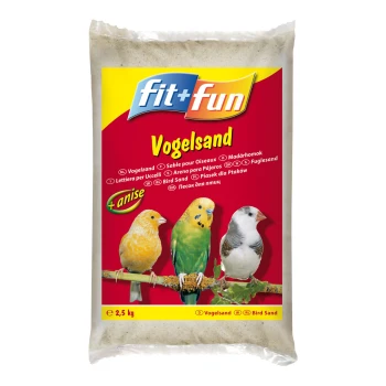 A bag of fit+fun Vogelsand bird sand with three colorful birds: a yellow canary, green budgerigar, and white finch.