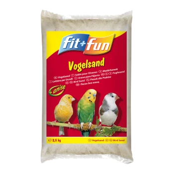 A bag of fit+fun Vogelsand bird sand with three colorful birds: a yellow canary, green budgerigar, and white finch.