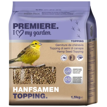Eine Tüte Hanfsamen-Topping für Vögel, mit einem gelben Kanarienvogel, der auf einem Ast sitzt, und einem Text, der die Frische und Reinigungseigenschaften hervorhebt.