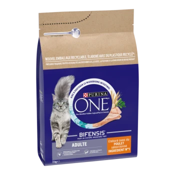 Sac de nourriture Purina ONE Bifensis pour chat adulte avec image de chat ; texte visible « PURINA ONE », « BIFENSIS », « ADULTE »