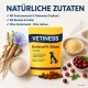 Gelbe VETINESS EnteroFit Bites-Tasche (Hund-Probiotika) mit Hundesilhouette, umgeben von Chicorée-Wurzel, Flocken und Cranberries; ‚NATÜRLICHE ZUTATEN‘.