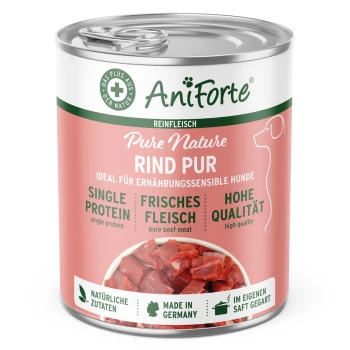 Dosenfutter für Hunde "AniForte PureNature BARF-Line RindPur," mit einer Kuh-Illustration und dem Etikett "Single Protein."