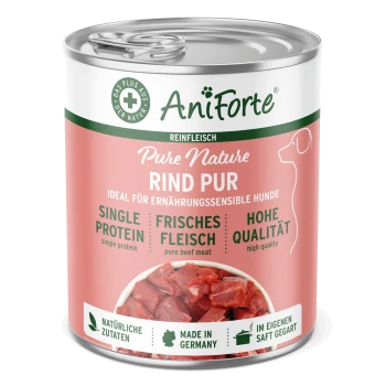 Dosenfutter für Hunde "AniForte PureNature BARF-Line RindPur," mit einer Kuh-Illustration und dem Etikett "Single Protein."