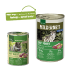 Real Nature's "Wilderness Deep Forest" Hundefutter zeigt einen Wolf, 95% Fleischanteil und ein neues Design mit verbesserter Rezeptur.