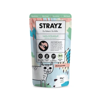 STRAYZ zalm & broccoli kattenvoerzakje, kleurrijk ontwerp met cartoonkat, tekst "Du fütterst. Du hilfst." 85 g.