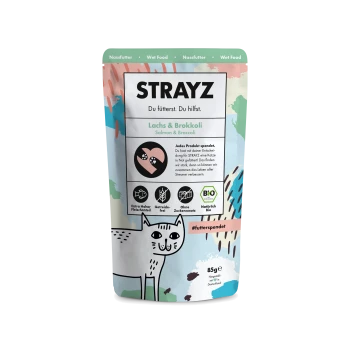 STRAYZ zalm & broccoli kattenvoerzakje, kleurrijk ontwerp met cartoonkat, tekst "Du fütterst. Du hilfst." 85 g.